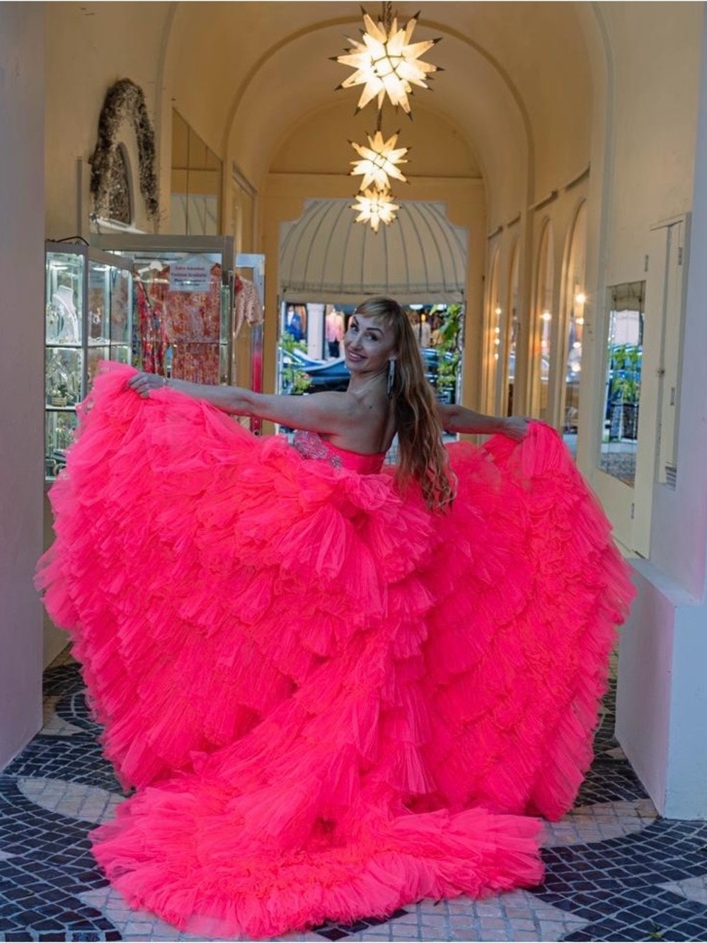 Strapless Backless Evening Gown in Vibrant Fuchsia with Tulle Train - Picture 1 of 8